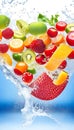 Splashing fruit on water. Fresh Fruit and Vegetables being shot as they submerged under water. Illustration of Washing food before