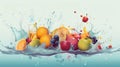 Splashing fruit on water. Fresh Fruit and Vegetables being shot as they submerged under water. Illustration, generative ai