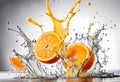 splashing orange juice with oranges against white Royalty Free Stock Photo