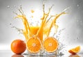 splashing orange juice with oranges against white Royalty Free Stock Photo