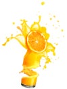 Splashing orange juice with oranges Royalty Free Stock Photo