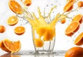 splashing orange juice with oranges against white Royalty Free Stock Photo