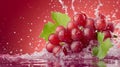 Splashing Vibrance: Red Grapes and Green Leaves Dance on a Crimson Canvas