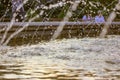 Splashing water in fountain. Water jets of pure clear aqua splashes, pressure Royalty Free Stock Photo