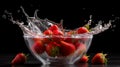 Splashing Water and Juicy Strawberries in a Glass Bowl on a Black Background