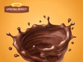 Splashing whirl chocolate cream or sauce isolated on orange background. Vector special flow effect. Liquid wave with Royalty Free Stock Photo