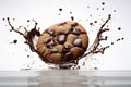 Splasing choclate on a cookie on white background