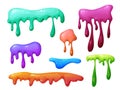 Splat slime mucus collection . Sticky liquid goo spots and blobs. Colorful jelly cartoon snot and smudges. Vector