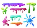 Splat slime mucus collection . Sticky liquid goo spots and blobs. Colorful jelly cartoon snot and smudges. Vector