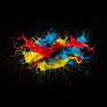 Splatters of bright red, blue, and yellow paint create a dynamic explosion against a bla Royalty Free Stock Photo