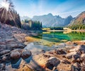 Splendid autumn view of Fusine lake. Bright morning scene of Julian Alps with Mangart peak on background, Province of Udine, Italy