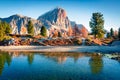 Splendid autumn view of Limides Lake and Lagazuoi mountain. Colorful morning view of Dolomite Alps, Falzarego pass, Cortina d` Royalty Free Stock Photo