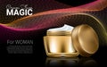 Splendid cosmetic product poster. golden bottle package design with moisturizer cream or liquid. Dark background. 3D