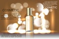 Splendid cosmetic product poster, golden bottle package design with moisturizer cream or liquid, sparkling background
