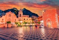 Splendid evening view of Taormina town, IX Aprile plaza with San Giuseppe church