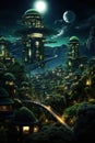 Splendid futuristic cityscape, urban forest estates city at night with light