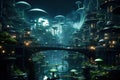 Splendid futuristic cityscape, urban forest estates city at night with light