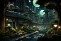 Splendid futuristic cityscape, urban forest estates city at night with light