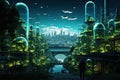 Splendid futuristic cityscape, urban forest estates city at night with light