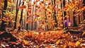 Splendid golden autumn woods, soft purple bokeh softly diffusing sunlight, detailed layers of fallen leaves Generative AI