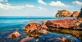 Splendid Mediterranean seascape in Turkey. Panoramic summer scene of small azure bay near the Tekirova village, District of Kemer, Royalty Free Stock Photo