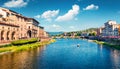 Splendid morning scene with Ponte alle Grazie bridge over Arno river. Colorful spring view of Florence, Italy, Europe. Traveling c Royalty Free Stock Photo