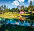 Splendid morning scene of small mountain lake - Scin. Amazing summer view of Dolomiti Alps, Cortina d`Ampezzo, Province of Bellun Royalty Free Stock Photo