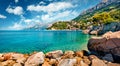 Splendid morning seascape of Adriatic sea. Sunny summer view of small beach in famous resort - Brela, Croatia, Europe. Beautiful w Royalty Free Stock Photo