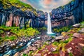 Splendid morning view of famous Svartifoss Black Fall Waterfall. Colorful summer scene in Skaftafell, Vatnajokull National Park Royalty Free Stock Photo