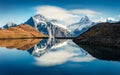 Splendid norning view of Bachalp lake / Bachalpsee, Switzerland. Fantastic autumn scene of Swiss alps, Grindelwald, Bernese Oberla Royalty Free Stock Photo