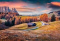 Splendid outdoor scene of Alpe di Siusi mountain plateau with beautiful orange larch trees. Gorgeous autumn view of Dolomite Alps,