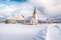 Splendid snowy winter scene of  Valberg church on Lofoten Islands Royalty Free Stock Photo