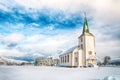 Splendid snowy winter scene of  Valberg church on Lofoten Islands Royalty Free Stock Photo