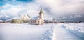 Splendid snowy winter scene of  Valberg church on Lofoten Islands Royalty Free Stock Photo