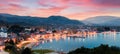 Splendid spring scene of the Aegean sea. Colorful sunset of the Olimpiada town, Greece, Europe.