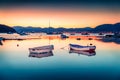 Splendid spring scene of the Nuevo Loca Beach, Aegean sea. Dramatic evening view of the Anavyssos town, Greece, Europe. Traveling Royalty Free Stock Photo