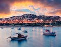 Splendid spring scene of the Nuevo Loca Beach, Aegean sea. Dramatic evening view of the Anavyssos town, Greece, Europe. Traveling Royalty Free Stock Photo