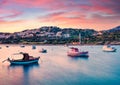 Splendid spring scene of the Nuevo Loca Beach, Aegean sea. Dramatic evening view of the Anavyssos town, Greece, Europe. Traveling Royalty Free Stock Photo