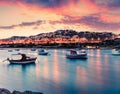 Splendid spring scene of the Nuevo Loca Beach, Aegean sea. Dramatic evening view of the Anavyssos town, Greece, Europe. Traveling Royalty Free Stock Photo