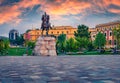 Splendid spring view of monument of Skanderbeg in Scanderbeg Square.