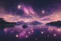 Splendid starry night lake in digital art 3D illustration.