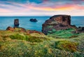 Splendid summer sunrise in Dyrholaey Nature Reserve. Amazing morning view of Dyrholaey arch, south coast of Iceland, Europe. Beaut Royalty Free Stock Photo