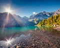 Splendid summer sunrise on the unique Oeschinensee Lake. Splendid morning scene in the Swiss Alps with Bluemlisalp mountain, Kande Royalty Free Stock Photo