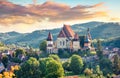 Splendid summer view of Fortified Church of Biertan, UNESCO World Heritage Sites since 1993. Colorful morning cityscape of Biertan
