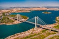 Splendid summer view of High Bridge Evripos. Amazing morning cityscape of Chalcis town, Greece.