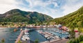 Splendid summer view of Jondal village, Hordaland county, Norway. Picturesque morning scene of Hardangerfjorden fjord. Traveling