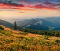 Splendid summer view of Pietrele Albe Peak from Vladeasa mountain range, Cluj County, Romania. Colorful sunset scene of Apuseni Mo