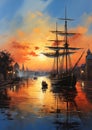 Splendid Sunset Harbor: A Majestic Backdrop of Old Pirate Ships