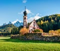 Splendid view of Chiesetta di San Giovanni in Ranui church in front of the Geisler, Santa Magdalena village location. Colorful Royalty Free Stock Photo