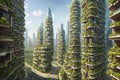 Splendid view of futuristic vertical gardens ecology concept, the green plants at balcony of skyscrapers. AI generated